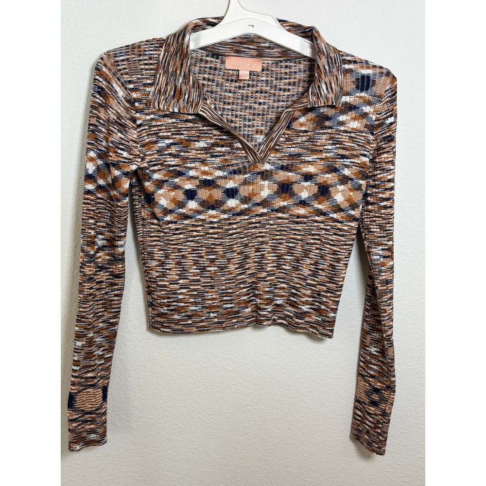 Charmed Hearts Brown Navy Space Dye Knit Cropped Polo Top Long Sleeve Medium